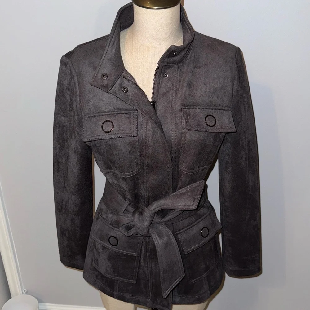 White House Black Market WHBM Belted Faux Suede Jacket in Blackened Pearl XS